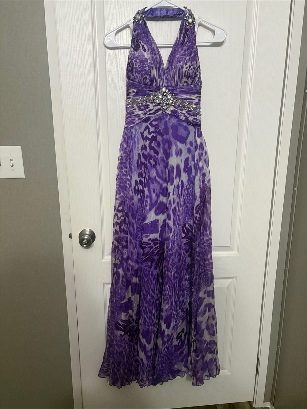 Tony Bowls Purple Beaded Halter Prom Gown